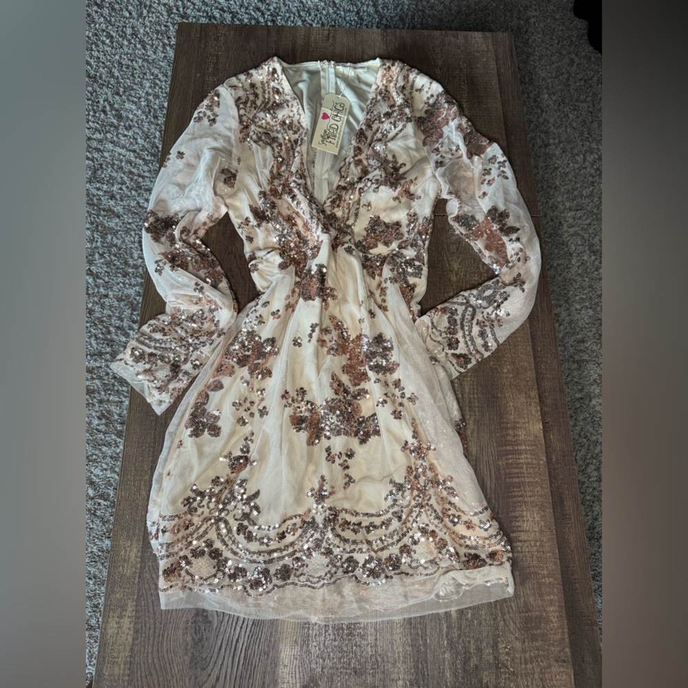 Elegant Cream and Rose Gold Sequin Mini Dress